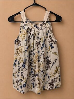 Girls Cream Floral Halter blouse with Blue and Brown Print 100% linen